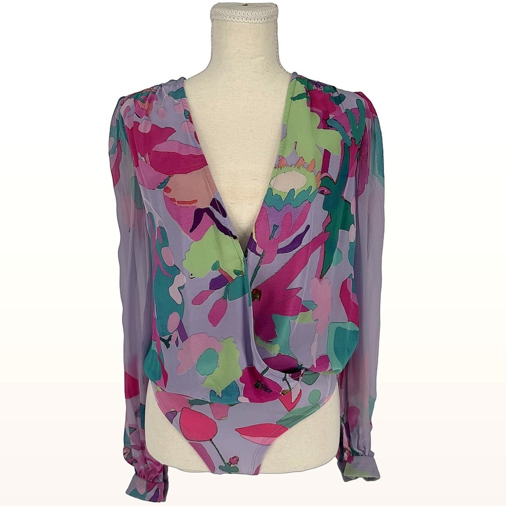 Rococo Sand Bodysuit XS Sheer Floral Deep V Boho Festival Resortwear Colorful - Picture 4 of 16
